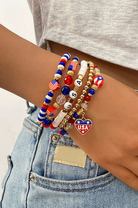 Gullfarget USA-patriotisk armbåndsett med flere perler, 5 deler