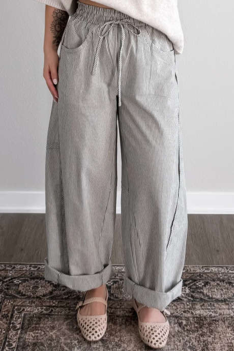 Grå stripete snøring i elastisk midje, komfortbukser med fat
