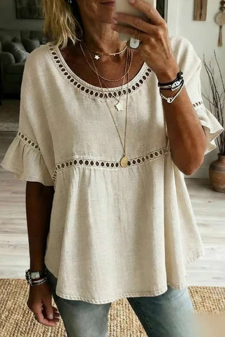 Beige Women_s Casual Solid Color Cotton Linen Hollow-Out