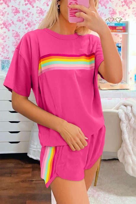 Rose Red Vibrant Striped Detail Athleisure 2pcs Short Set LC627502-P6