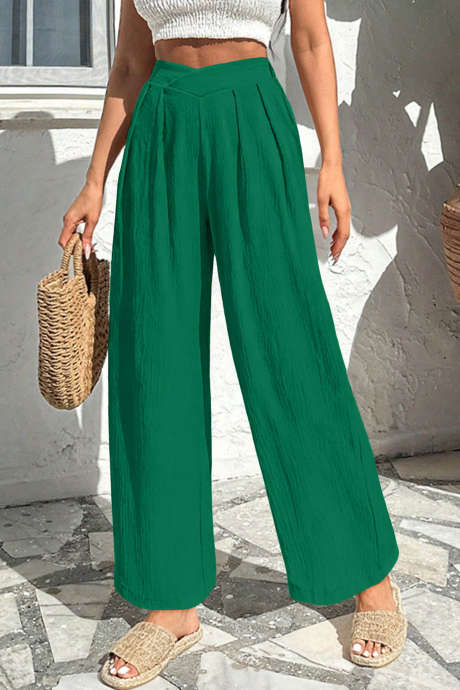 Evergreen Solid Color Textured Crossed Waist Loose Pants