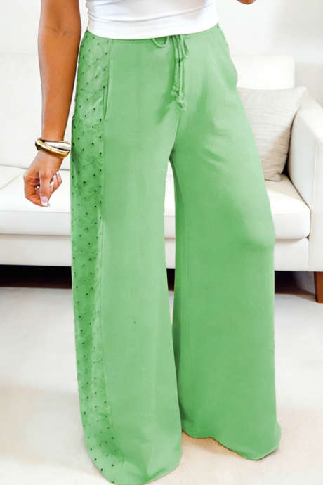Light Green Eyelet Embroidered Lace Side Panel Drawstring Wide Leg Pants