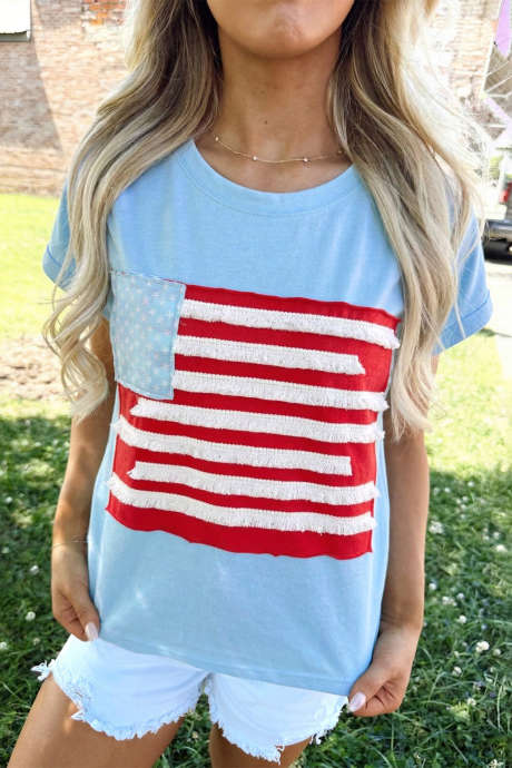 Mist Blue Blue Textured USA Cap Sleeve Top