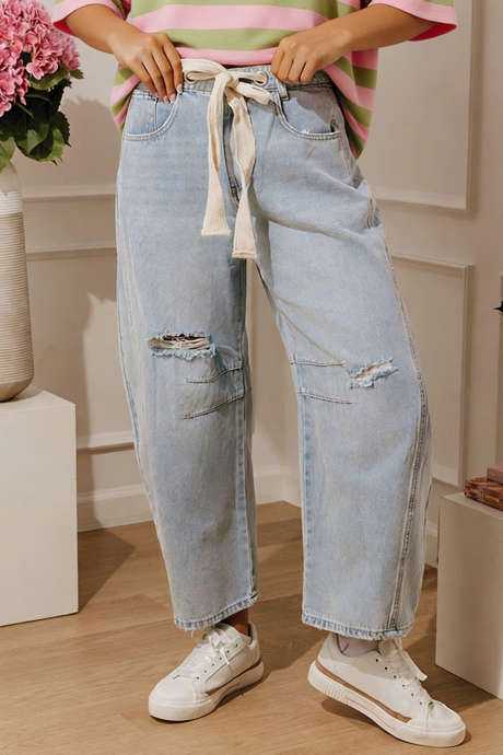 Beau Blue The Olivia Midrise Distressed Barrel Leg Jean
