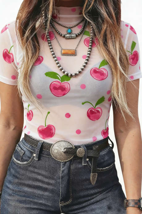 White dot and cherry mesh t-shirt