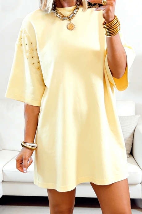 Gul Kremfarget T-skjortekjole med Broderi og Blonde, Løs Erme