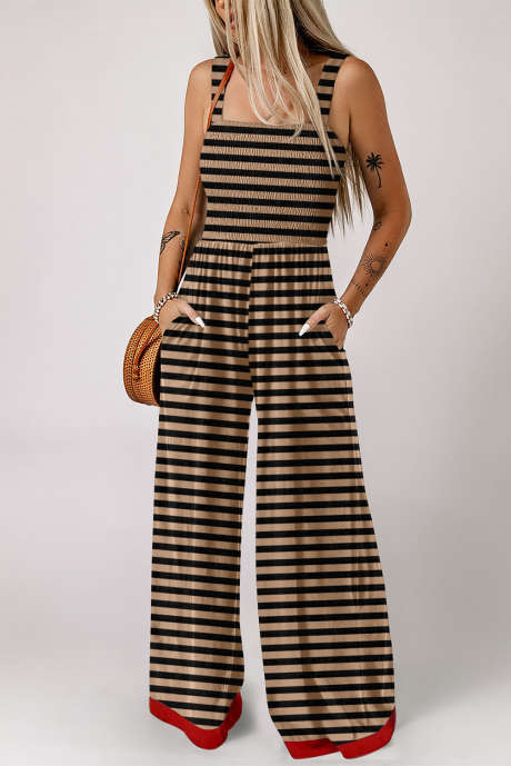 Brun stripete jumpsuit med firkantet hals og rynkete ben