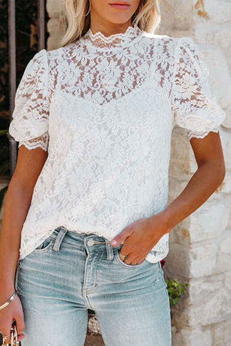White High Neck Lace Short Sleeve Blouse