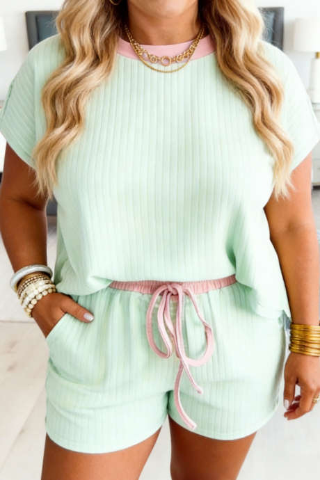 Clearly Aqua Plus Size Ribbet Color Block Trim Shorts Snøring 2 stk. sett