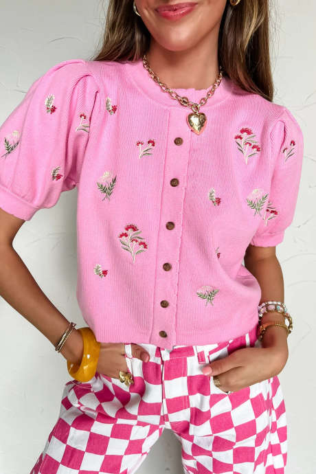 Kratek pleten top z napihnjenimi rokavi Bonbon in cvetličnim vezenjem ter gumbi