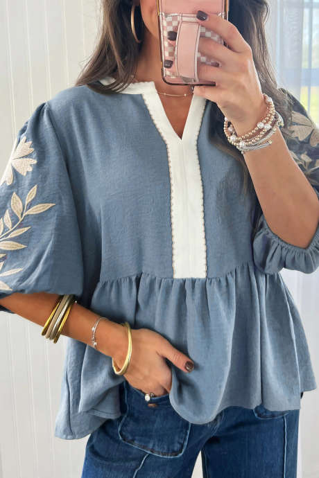 Myosotis Color Block Patchwork V Neck Embroidered Puff Sleeve Babydoll Blouse