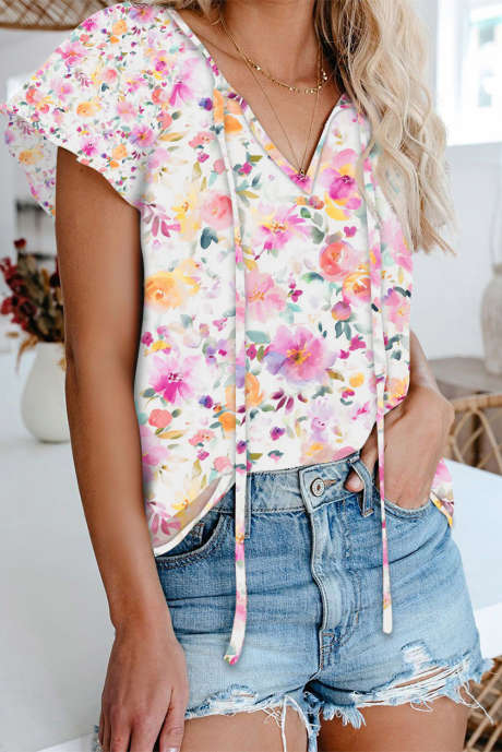 Roza bluza s kratkimi rokavi in ​​V-izrezom, modni potisk in fantazijskim plapolanjem