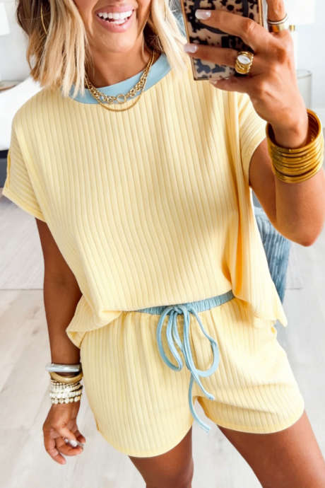 Yellow Cream Soft Ribbed Color Block Trim Casual Short Set