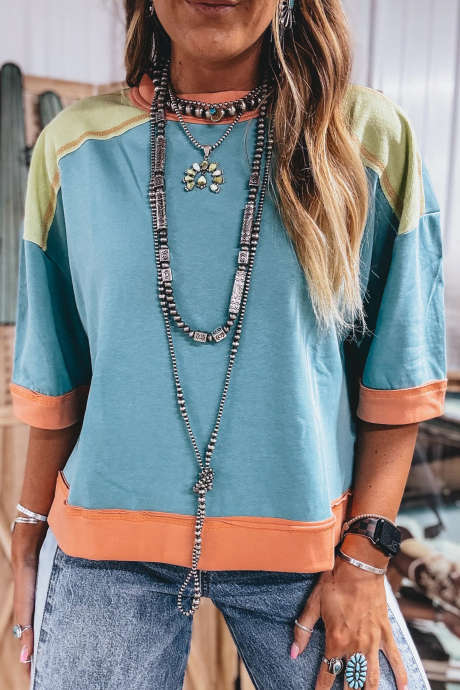 Light Blue Color-blocked -top