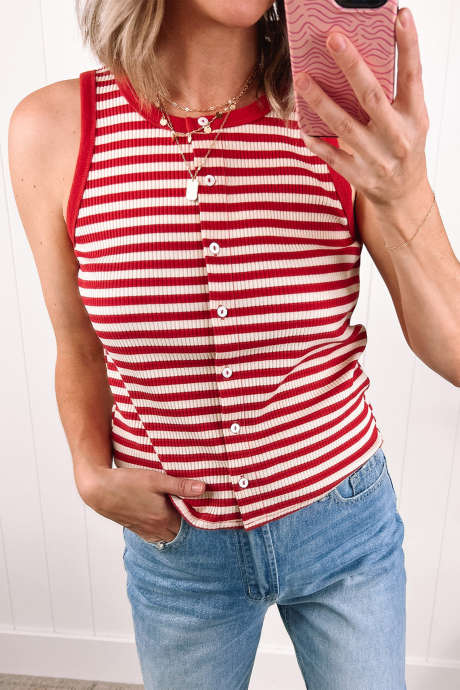 Red Stripe Buttoned Ribbed Knit Tank Top
