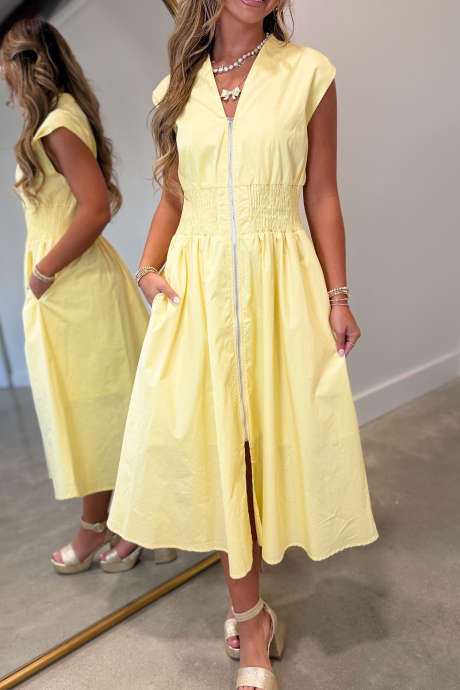 Rumena midi obleka Stella z zadrgo spredaj