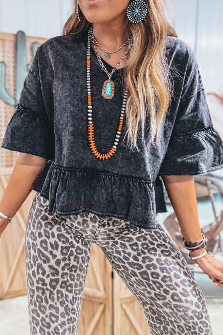 Black V Neck Mineral Wash Ruffled Trim Half Sleeve Blouse
