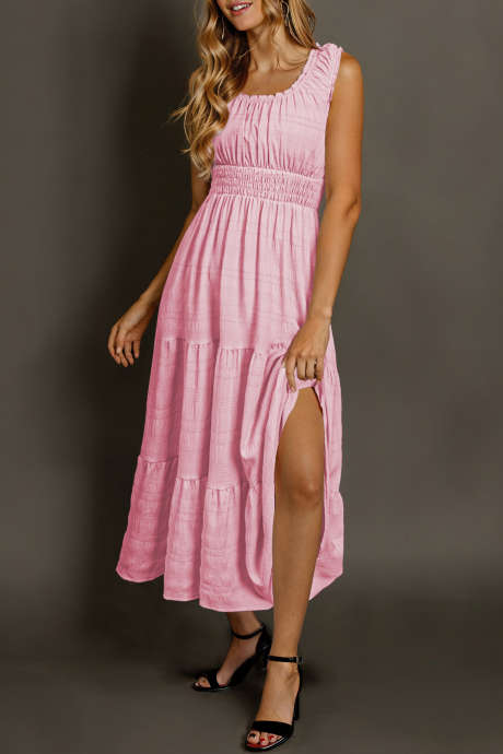 Pink Shirred Pleated Square Neck Sleeveless Midi Dress LC6121911-1010