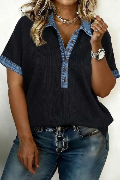 Svart pluss-størrelse teksturert kontrastfarget denim-poloskjorte med lappeteppe og knapper