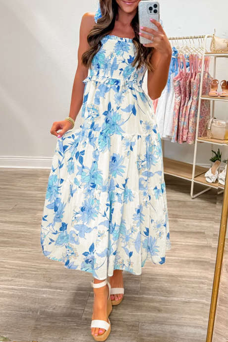 Rochie maxi albastră cu bretele și volane, model smocked, cu talie înaltă, model floral