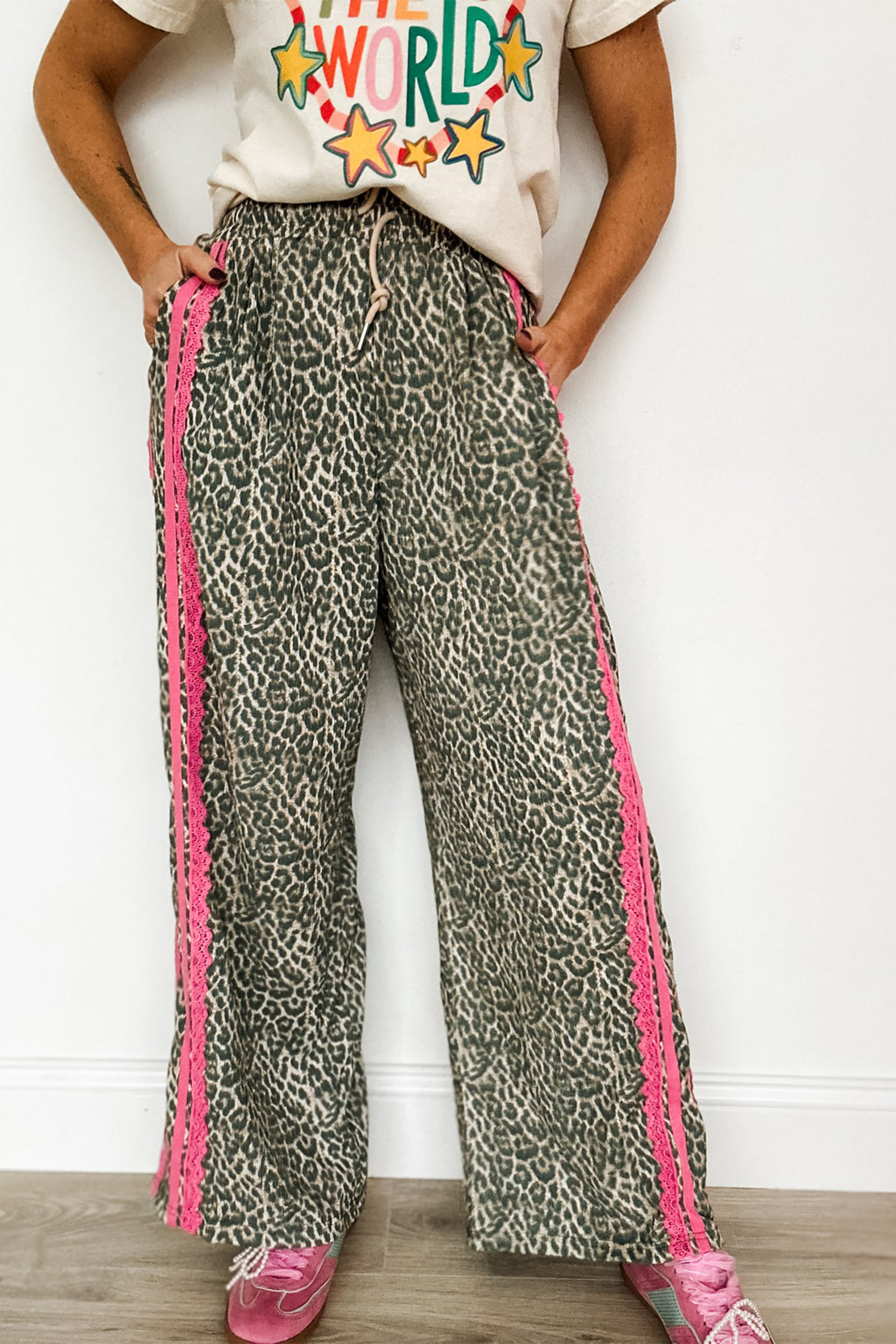 $9.79 Brown Wild Leopard Print Contrast Lace Striped Detail Drawstring ...