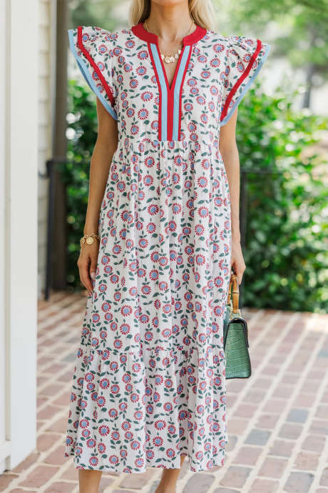 Rød Søt Solsikketrykket Stripete Patchwork Kant Lang Kjole med Flagrende Ermer