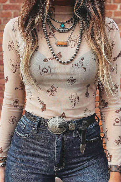 Oatmeal Western Print Slim Fit Mesh Langermet Topp Med Høy Hals
