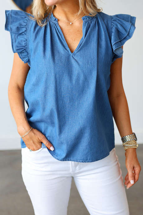 Blue Flutter Sleeve Denim Top