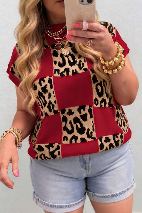 Rød Plus Size Leopard Kontrastrutete Kortermet Genser