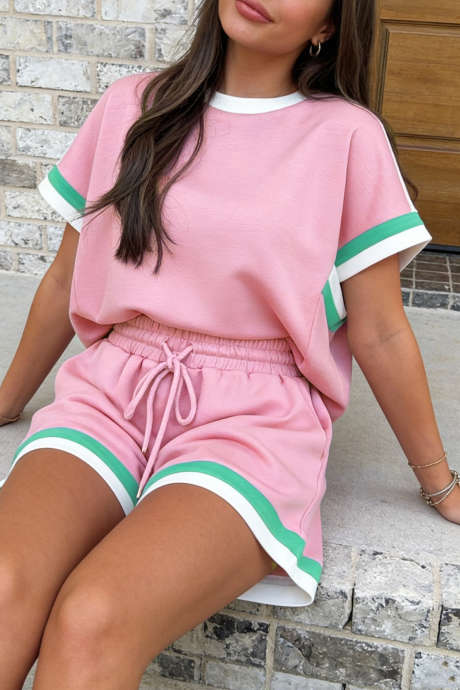 Bonbon Striped Trim Casual Tee Drawstring Shorts 2pcs Set