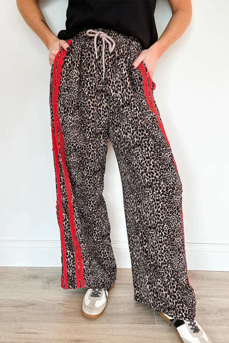 Brown Wild Leopard Print Contrast Lace Striped Detail Drawstring Pants