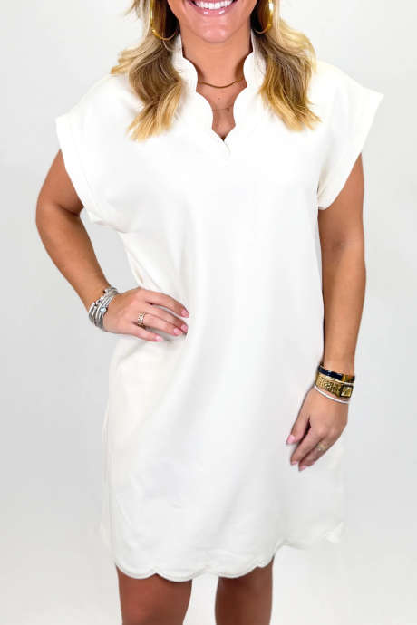 White BLUE SCALLOP VNECK SHIFT DRESS