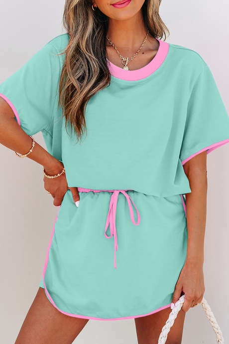 Moonlight Jade Colorblock Edge Drop Shoulder T-shirt en Skort 2-delige set