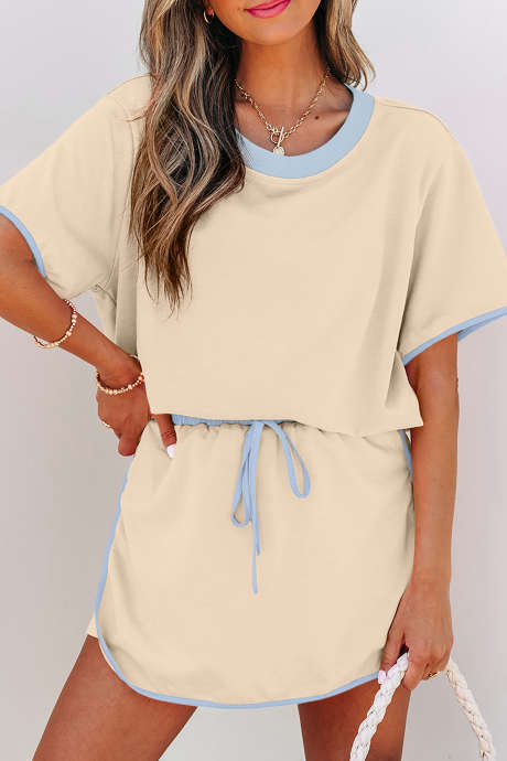 Ensemble 2 pièces : T-shirt et jupe-short à épaules tombantes et bordures contrastées abricot LC631178-P18