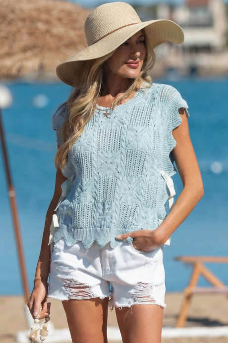 ボーブルー ポインテール ニット柄 スカラップトリム 半袖セーター