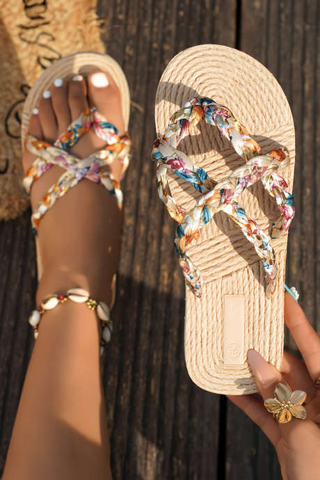 Beige Boho-trykkede vevde flip-flops med bur sommerkledning