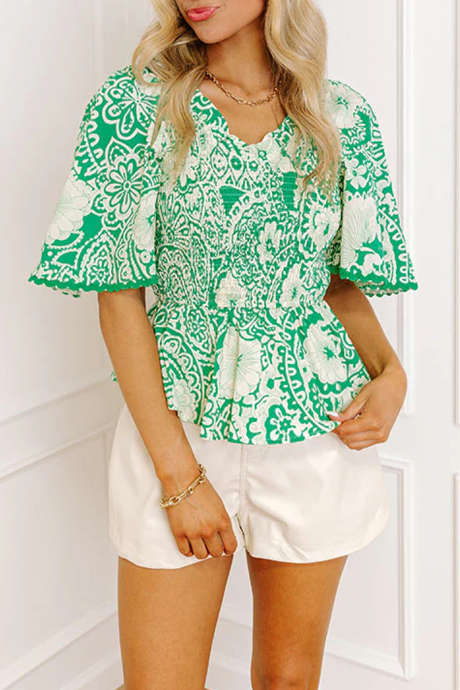 Green Flirty Floral Smocked V Neck Blouse LC25136631-P920