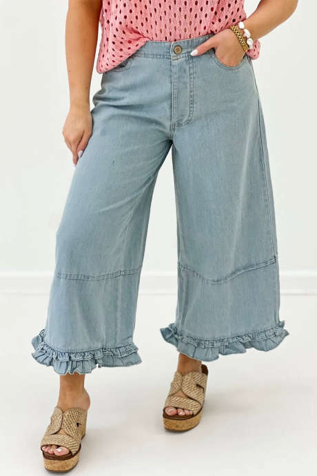 Blugi largi, lungime gleznă, cu volane, culoare uni, albastru închis