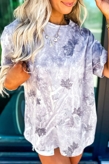 Graues Tunika-T-Shirt mit Camouflage-Waldmuster und überschnittenen Schultern