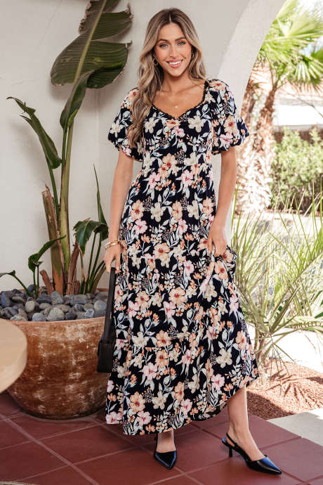 Blue Short Sleeve Smocked Detail High Waist Floral Maxi Dress