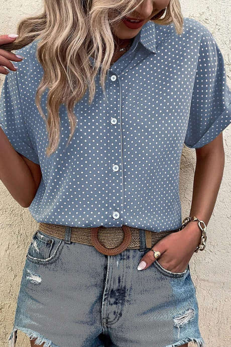 Hemelsblauw gestippeld print overhemd met manchetten en korte mouwen