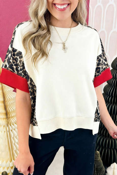 Beige Leopard Blokkert Patchwork Ujevn Fald Kortermet Topp