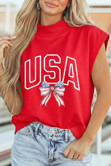 Racing Red USA Patriotic Bow Printed High Neck Cap Sleeve Top LC25137728-P603
