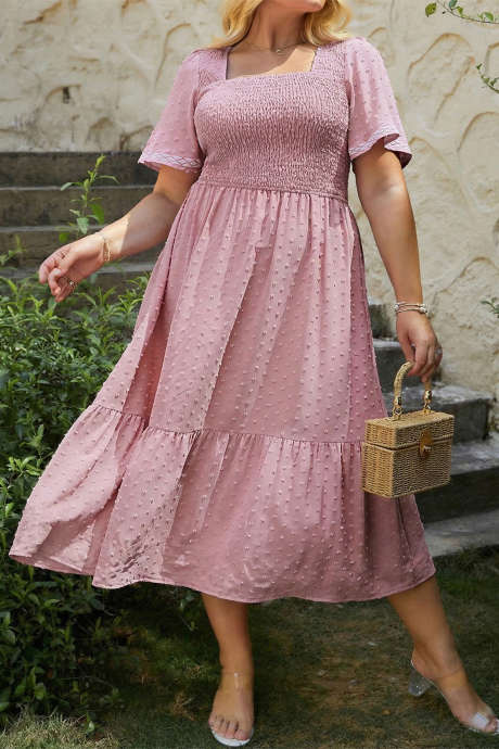 Pink Plus Size Swiss Dot Short Sleeve Smocked High Waist Flowy Midi Dress