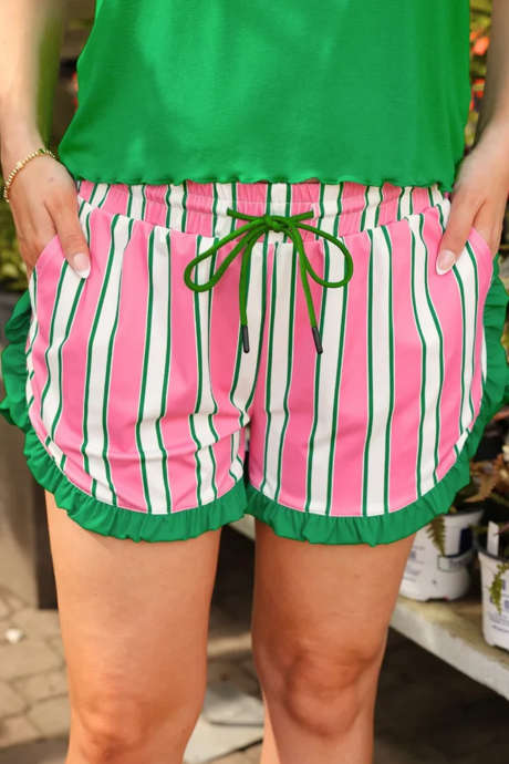 Pink Stripe  Polka Dot/ Plaid/ Leopard Print Contrast Ruffle Trim Shorts