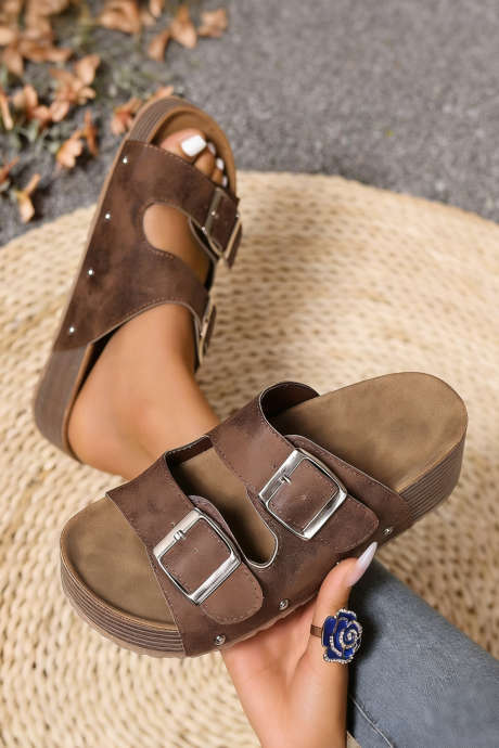 Kaffefargede retro-tøfler med dobbel spenne i PU-skinn og semsket skinn