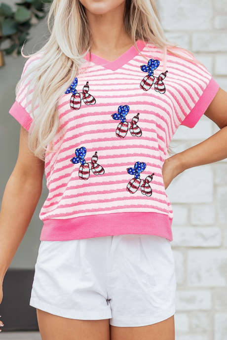 Pink Stripe V Neck Textured Knit Sequin Patriotic Balloon Dog Tee LC25231864-P1019
