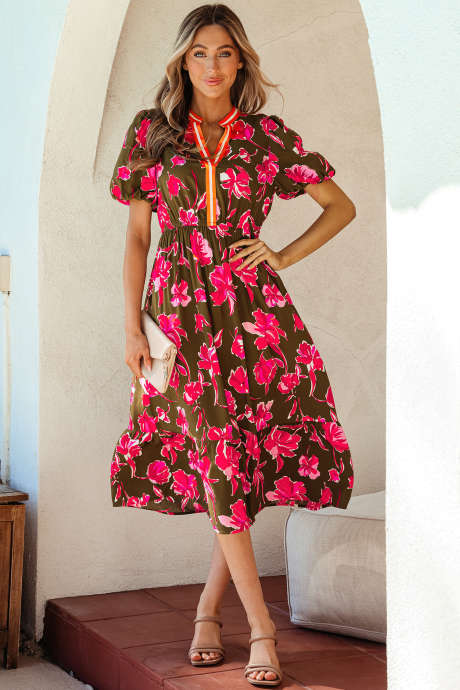 Grønn Blomsterprint Stripete Kant Splitt Hals Korte Puffermer Volang Maxikjole