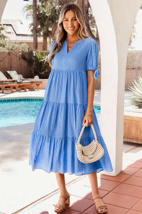 Dusk Blue Gingham Teksturert Sløyfe Kortermet Lagdelt Midikjole