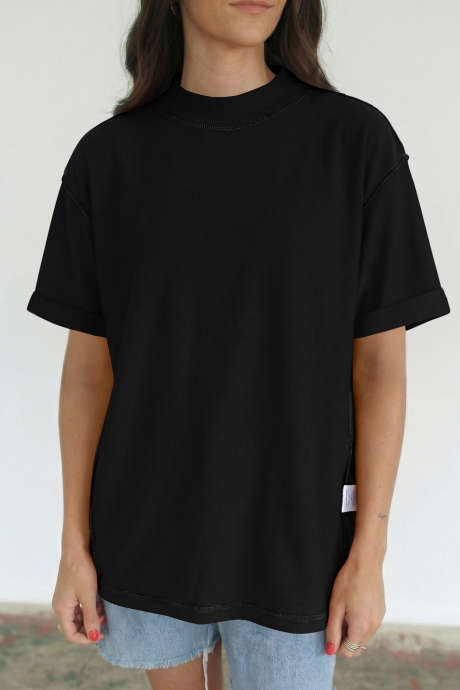 Svart ensfarget høyhalset oversized t-skjorte LC25231614-P2